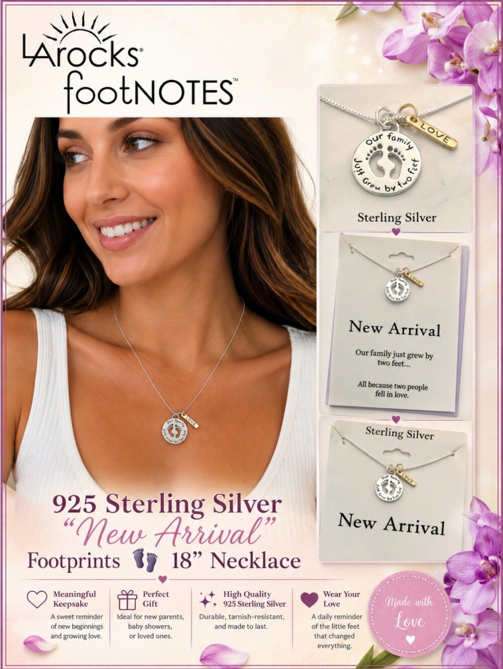 925 Sterling Silver "New Arrival" Footprints 👣 18" Necklace